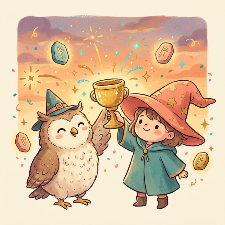 The owl and a little wizard holding up a golden trophy